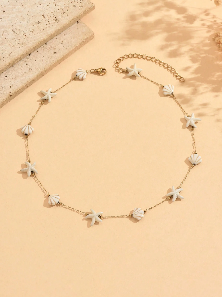 1pc Seashell & Starfish Shaped Stainless Steel Necklace