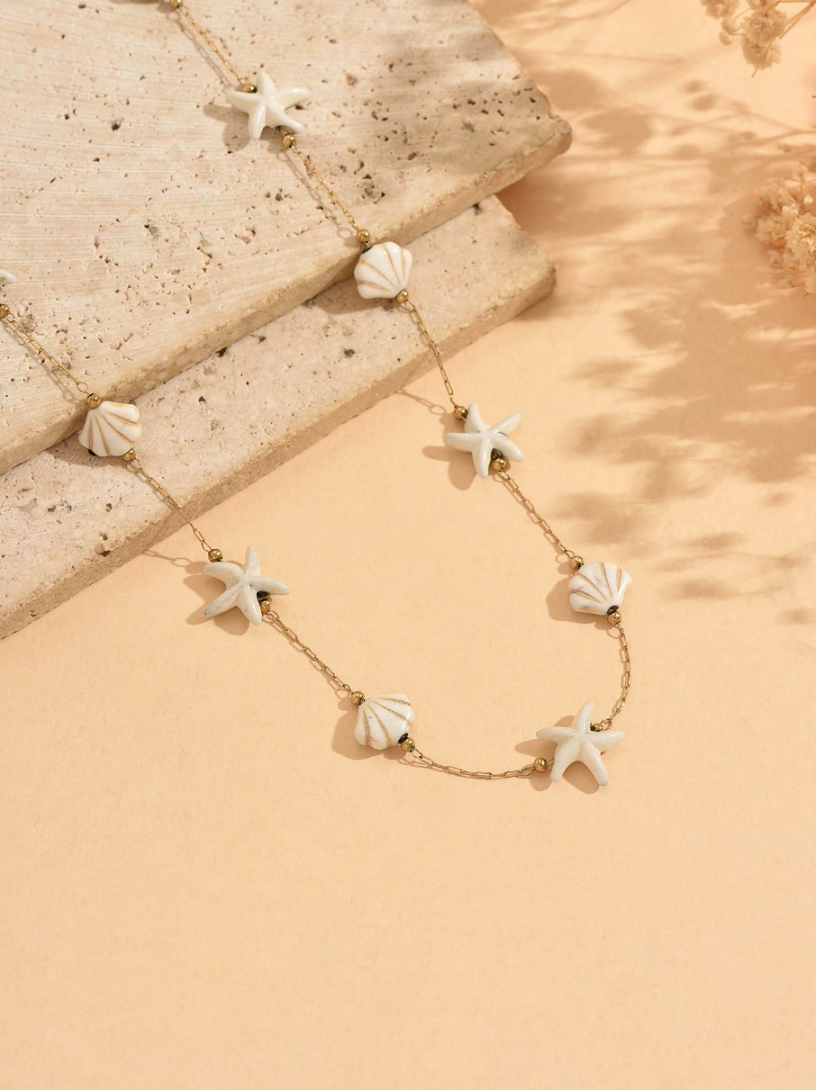 1pc Seashell & Starfish Shaped Stainless Steel Necklace