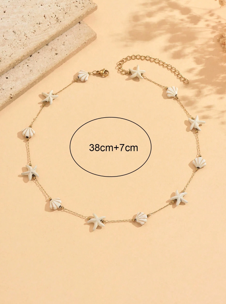 1pc Seashell & Starfish Shaped Stainless Steel Necklace