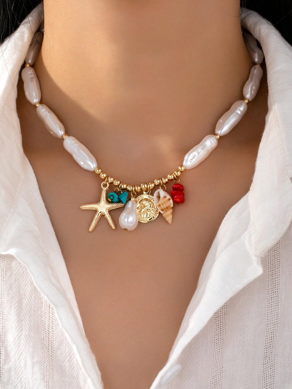 1pc Summer Ocean Style Starfish & Shell Pendant Necklace