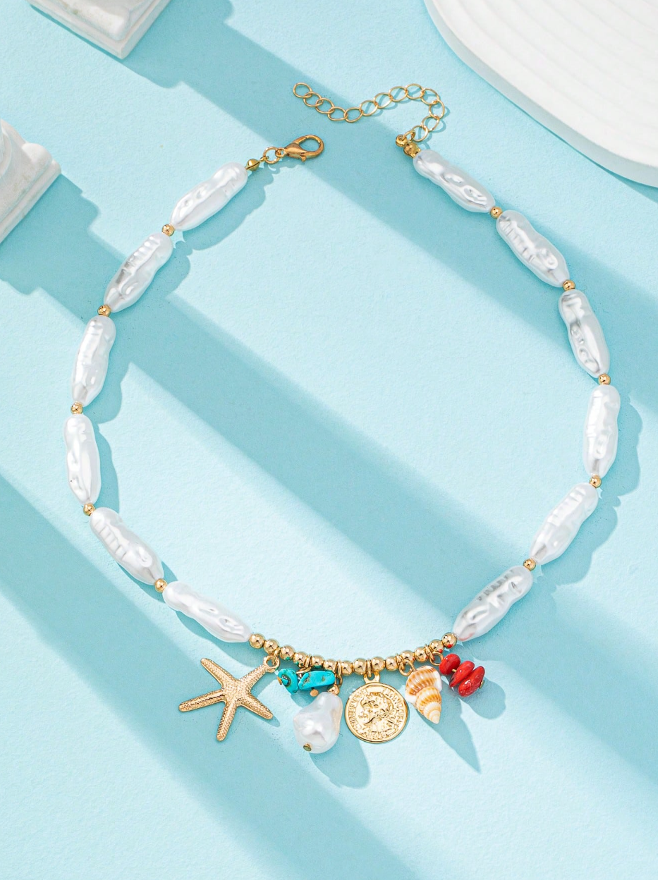 1pc Summer Ocean Style Starfish & Shell Pendant Necklace