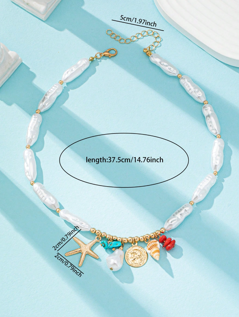 1pc Summer Ocean Style Starfish & Shell Pendant Necklace
