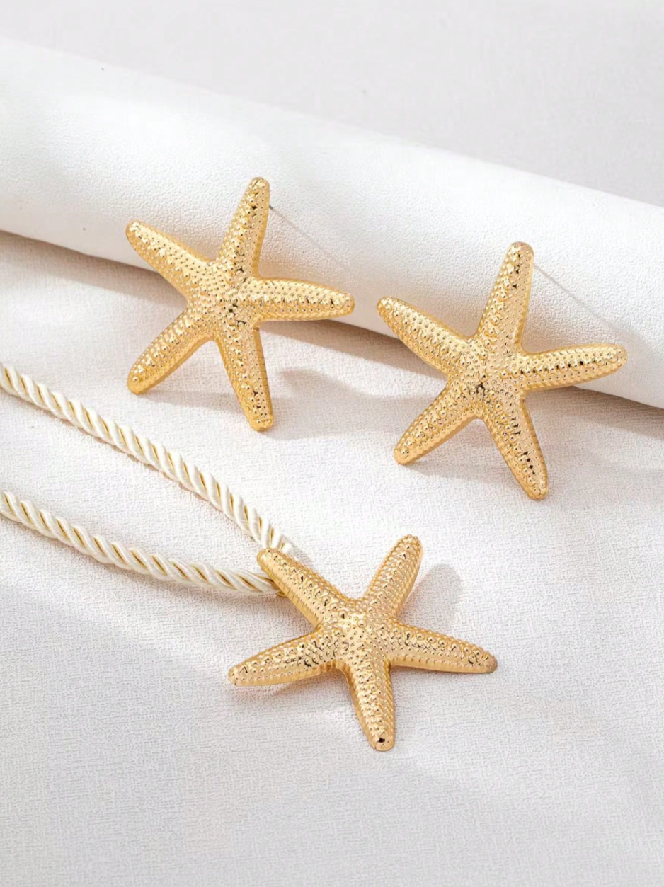 1 Set Bohemian Ocean Style Starfish Necklace, Earrings, Ring Jewelry Set For Women