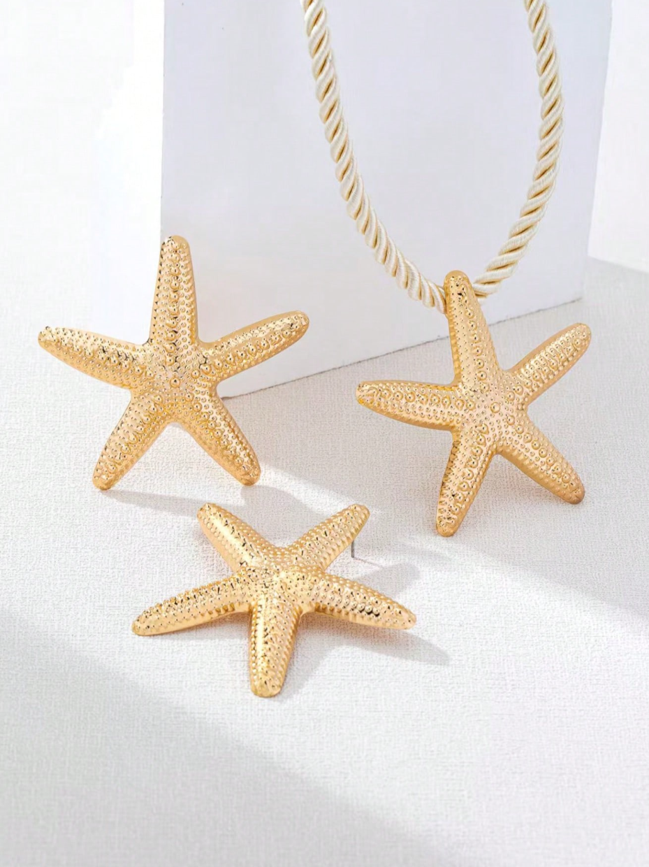1 Set Bohemian Ocean Style Starfish Necklace, Earrings, Ring Jewelry Set For Women