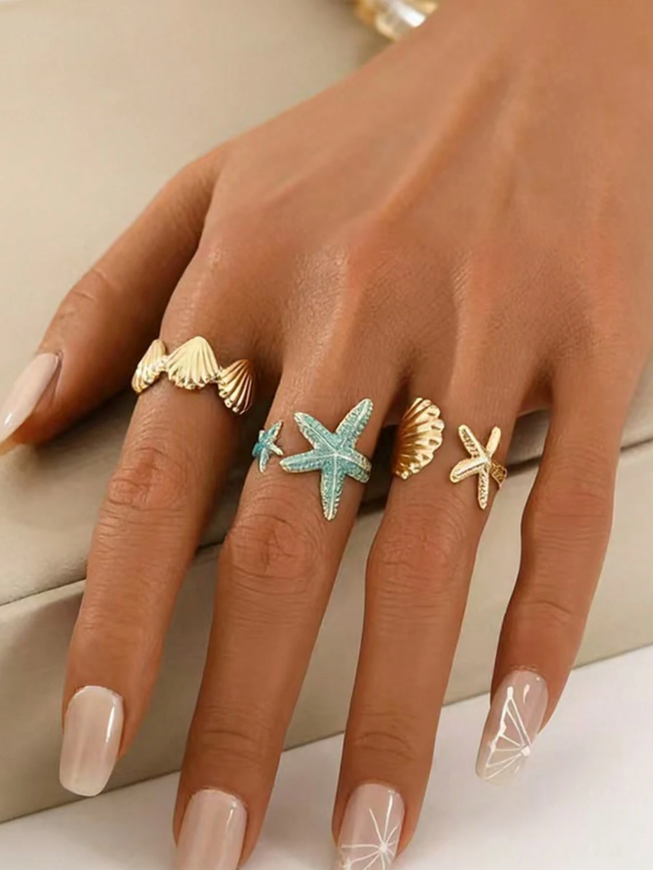 Ocean Vibes Ring Set – 4-Piece Starfish & Shell Collection
