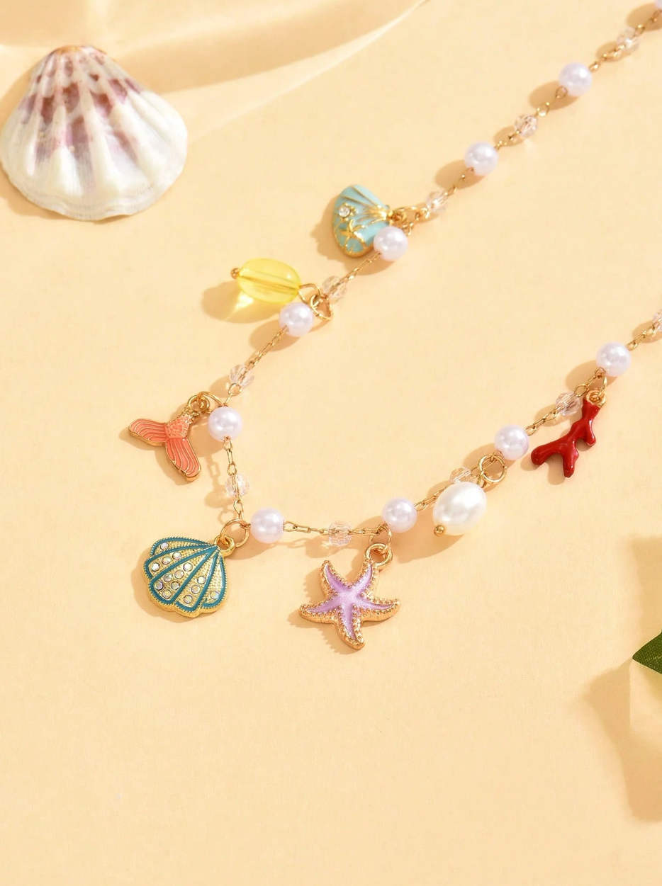 1pc Women's Gold Starfish & Shell Faux Pearl Necklace