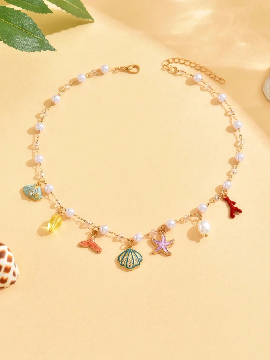 1pc Women's Gold Starfish & Shell Faux Pearl Necklace