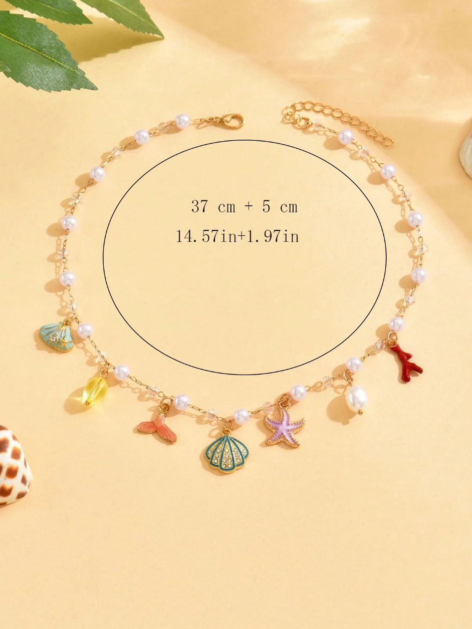 1pc Women's Gold Starfish & Shell Faux Pearl Necklace