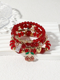 4 Pcs Versatile Red ABS Bead & Cherry Drop Oil Pendant Bracelet Set