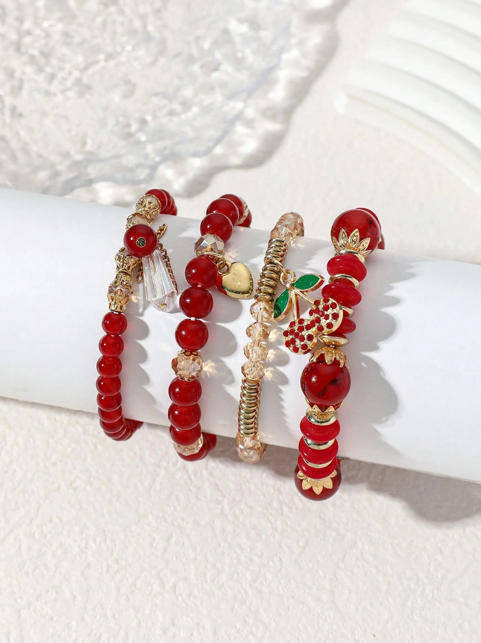 4 Pcs Versatile Red ABS Bead & Cherry Drop Oil Pendant Bracelet Set