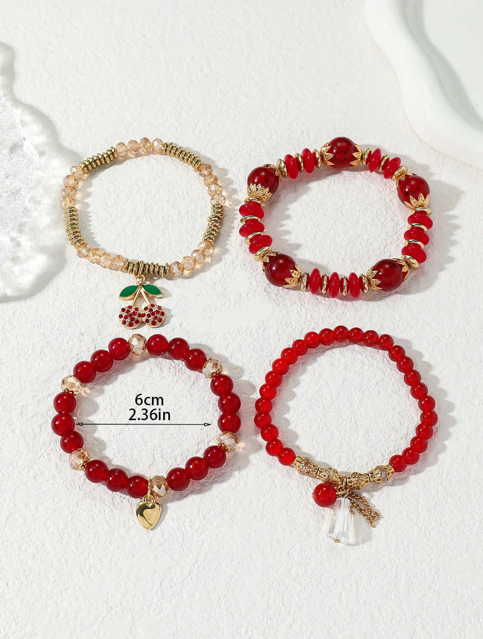 4 Pcs Versatile Red ABS Bead & Cherry Drop Oil Pendant Bracelet Set
