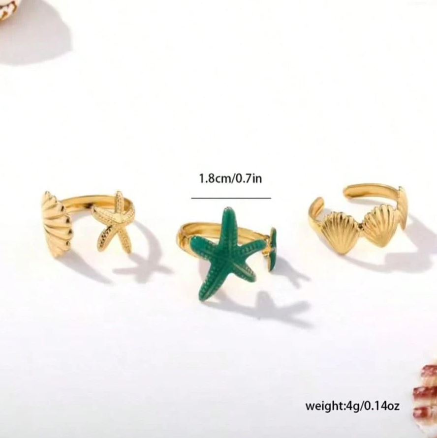 Ocean Vibes Ring Set – 4-Piece Starfish & Shell Collection